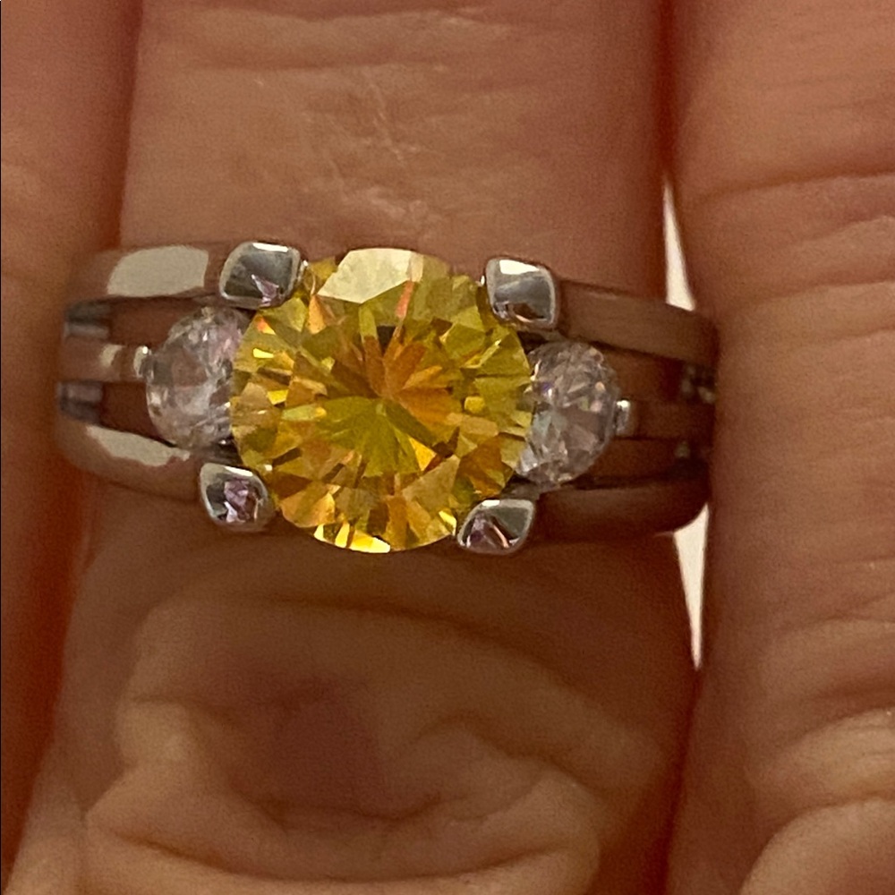 Silver Ring Size 6.5 with Yellow Simulated Square Stone November